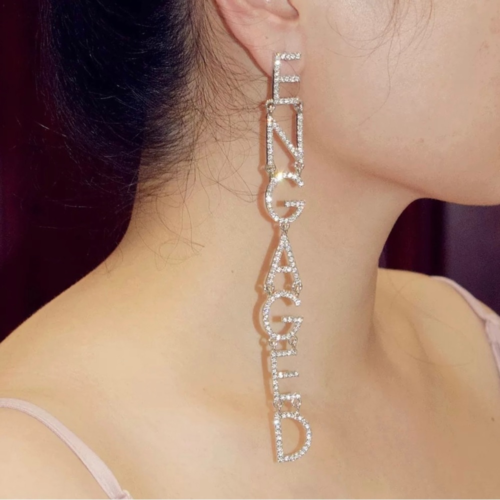 Engagement Gift Crystal Rhinestone Drop letter Earrings photo shoot engaged